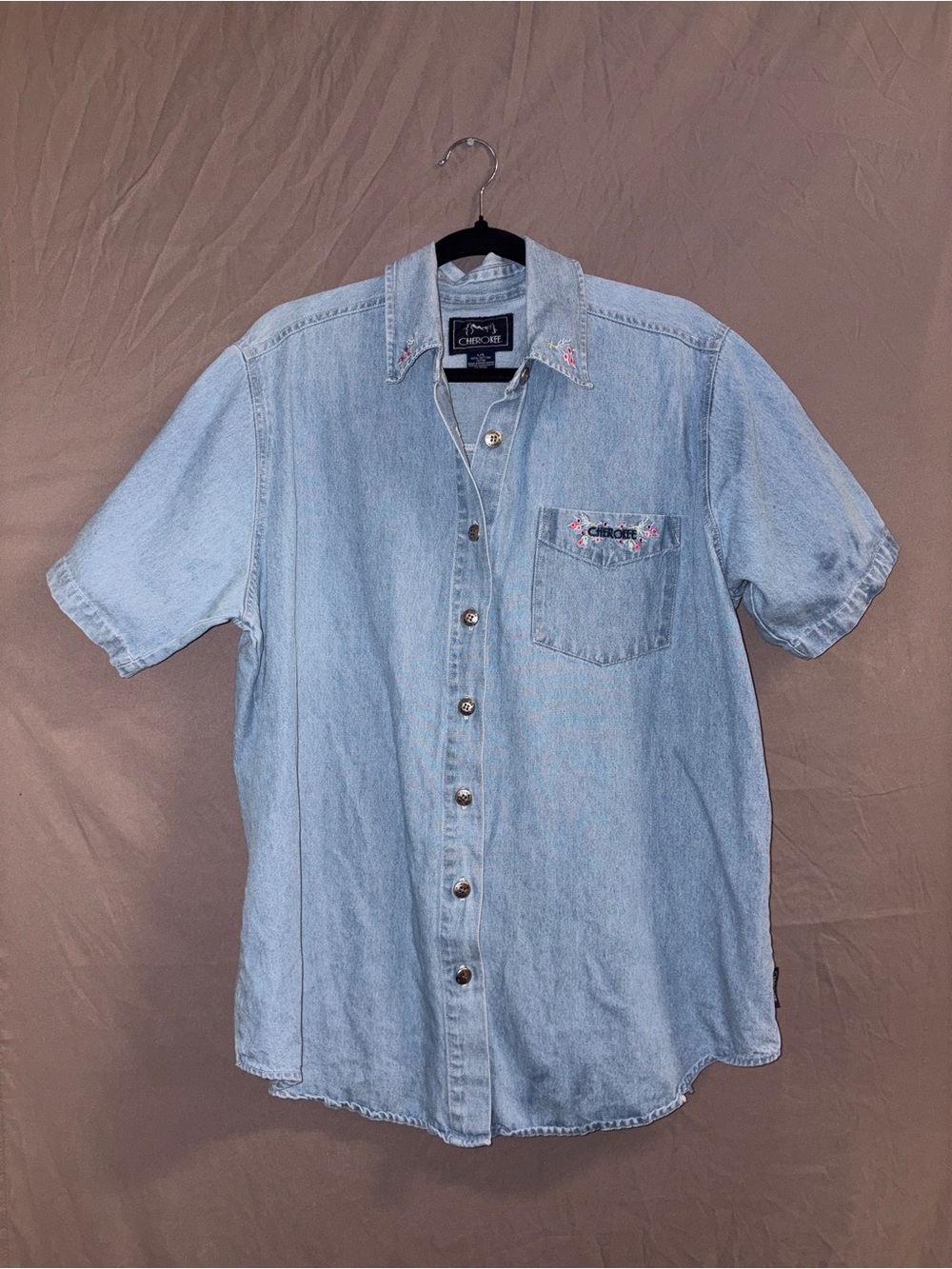 Cherokee Light Blue Denim Short Sleeve Button-Front Shirt